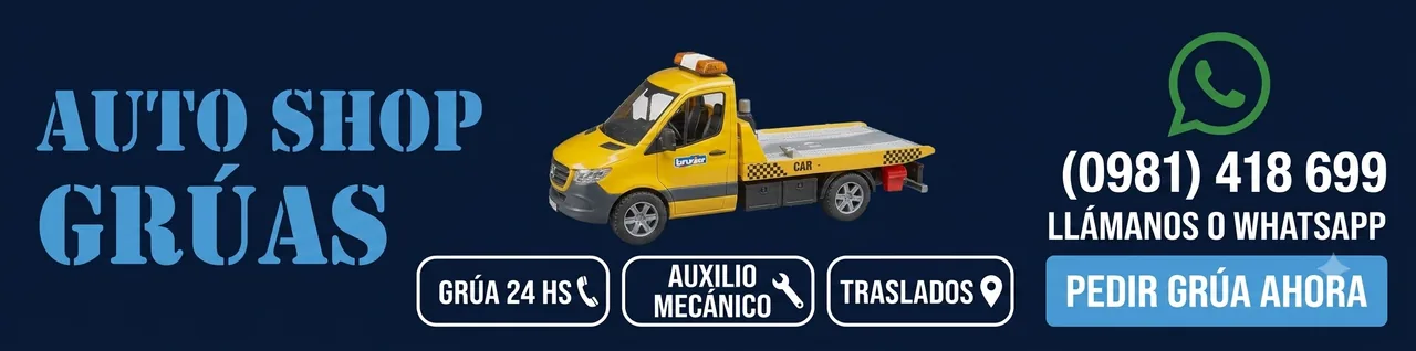 Auto Shop Grúas — Grúa 24 hs · WhatsApp (0981) 418 699