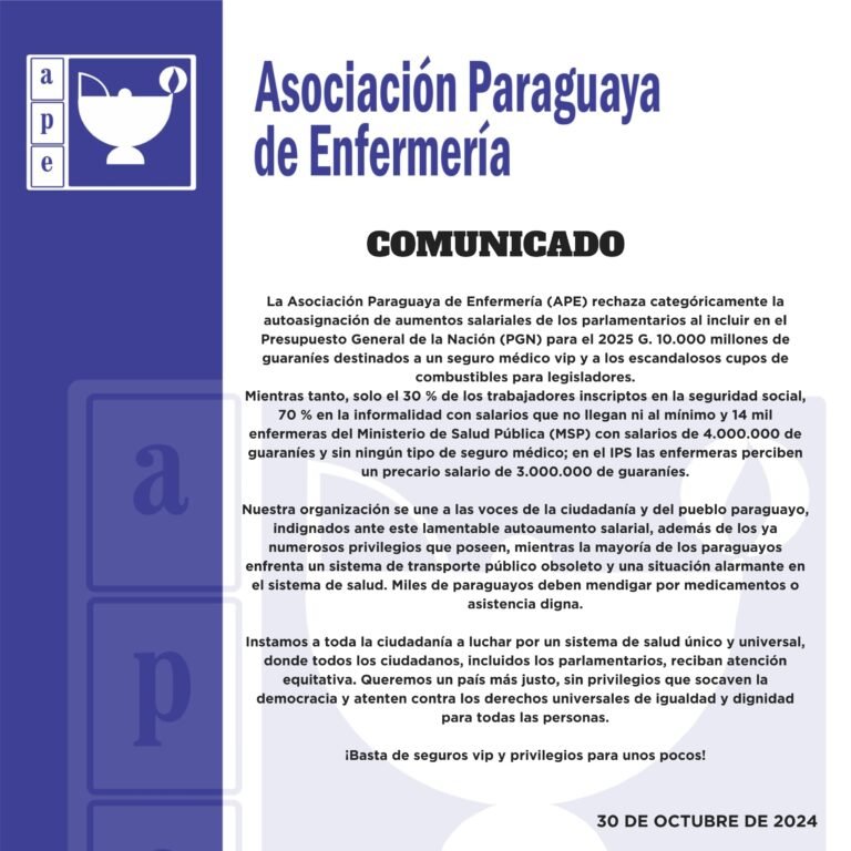 Asociación Paraguaya de Enfermería rechaza aumento salarial de parlamentarios